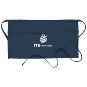 I105 navy two pocket waist apron printed with ITS Global Supply logo
