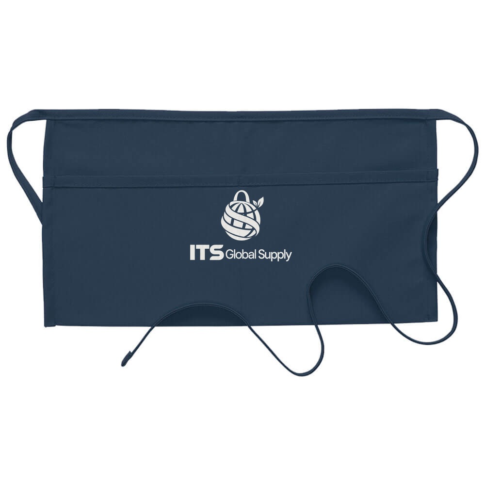 I105 navy two pocket waist apron printed with ITS Global Supply logo