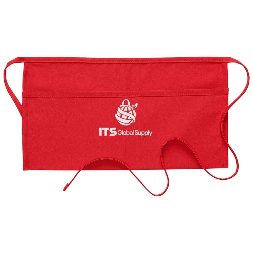 I105 red two pocket waist apron printed with ITS Global Supply logo