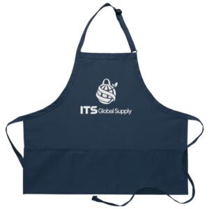 I200 navy three pocket bib apron printed with ITS Global Supply logo