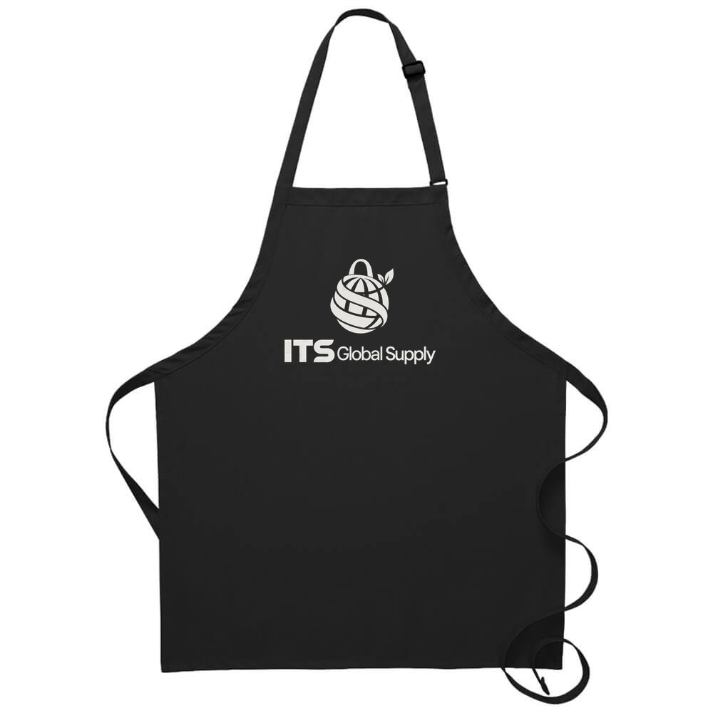 I210NP black no pocket bib apron printed with ITS Global Supply logo