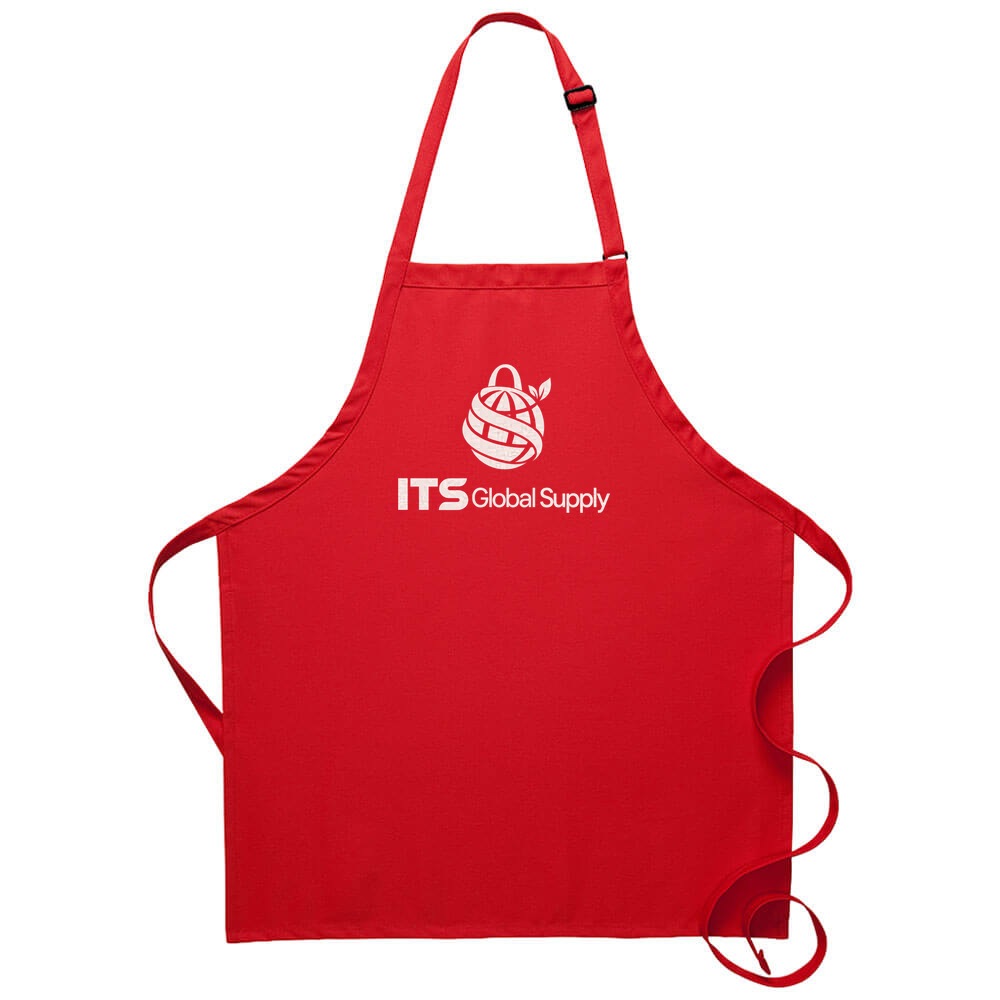 I210NP red no pocket bib apron printed with ITS Global Supply logo