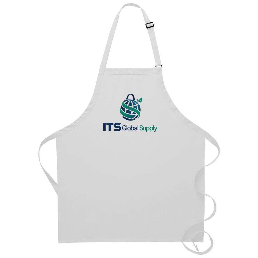 I210NP white no pocket bib apron printed with ITS Global Supply logo