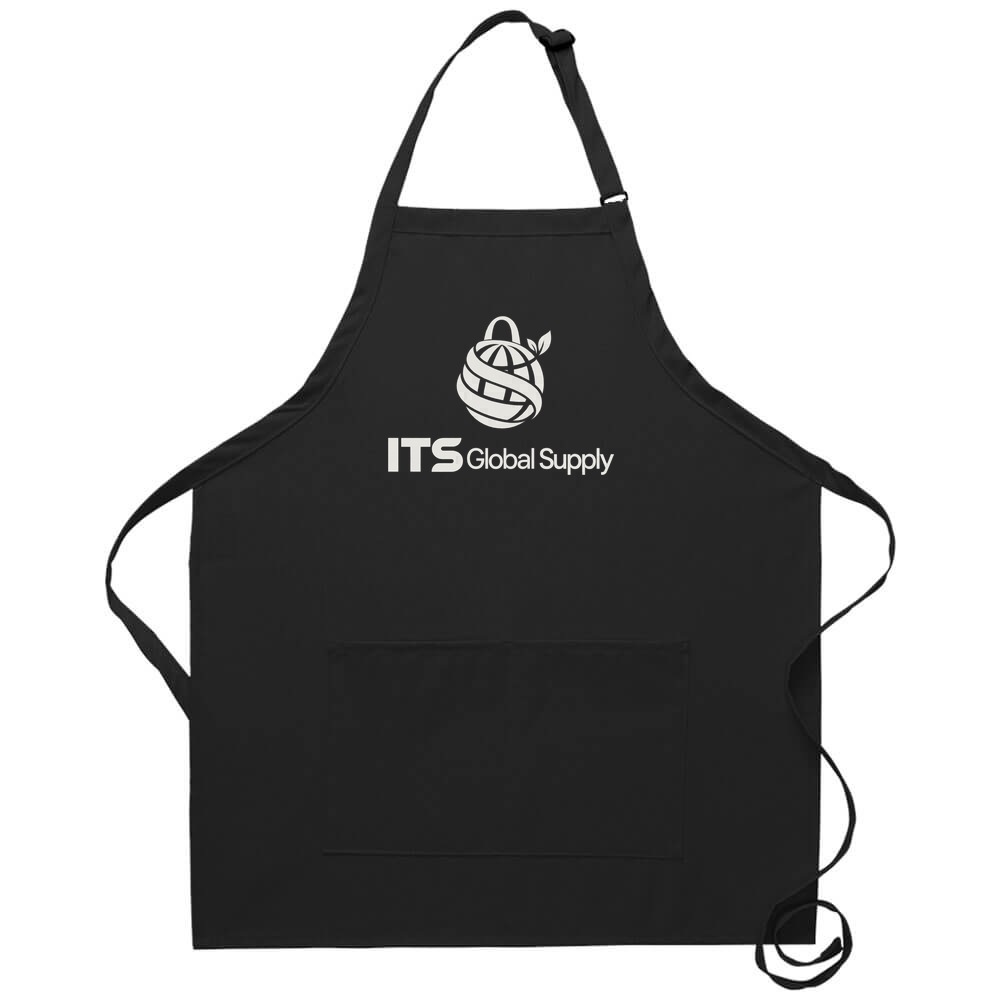 I212 black bib apron center divided pocket printed with ITS Global Supply logo