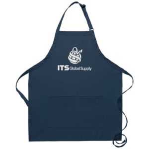 I212 navy bib apron center divided pocket printed with ITS Global Supply logo