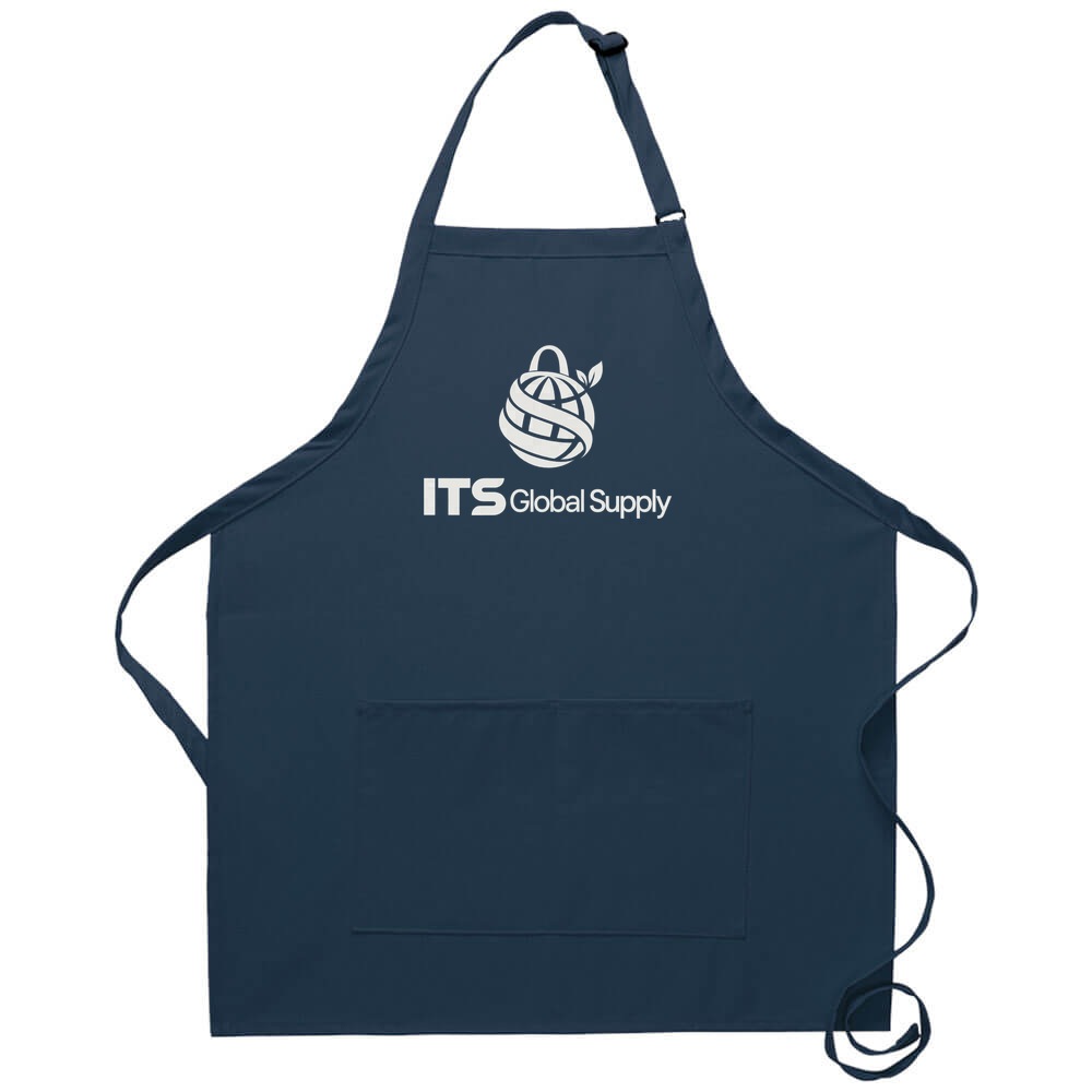 I212 navy bib apron center divided pocket printed with ITS Global Supply logo