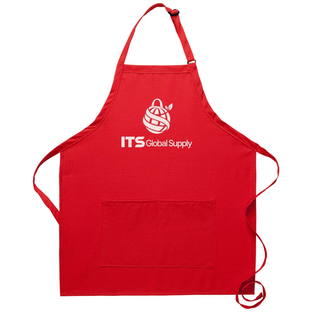 I212 red bib apron center divided pocket printed with ITS Global Supply logo