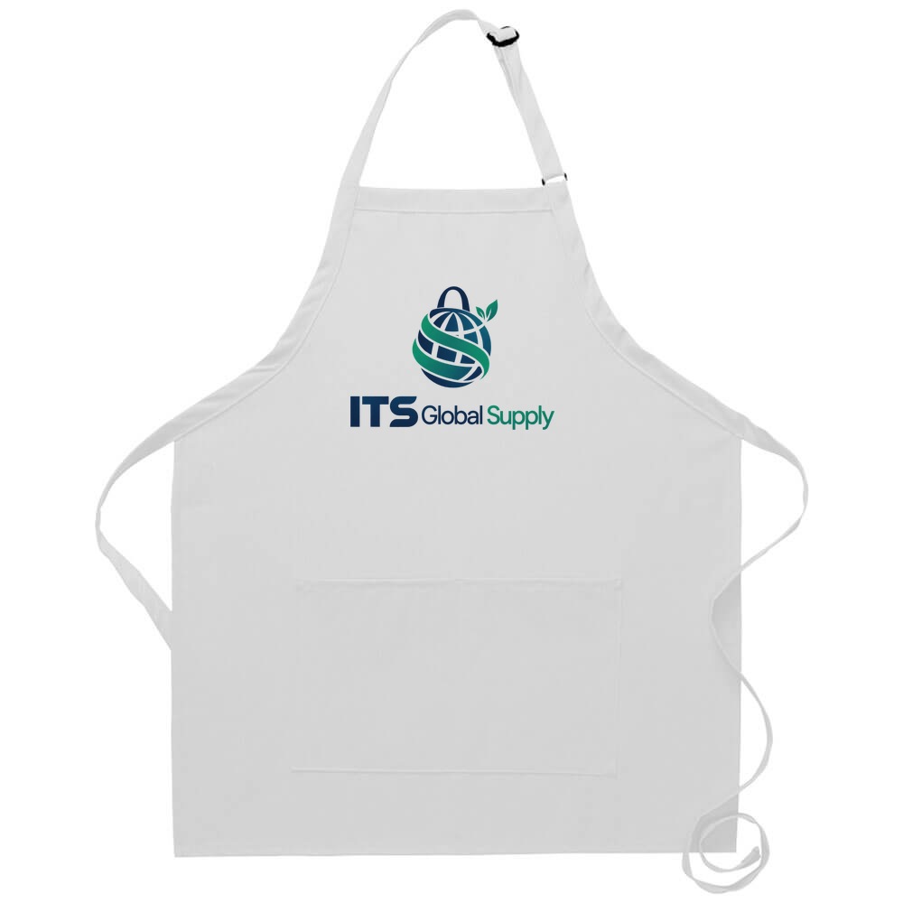 I212 white bib apron center divided pocket printed with ITS Global Supply logo