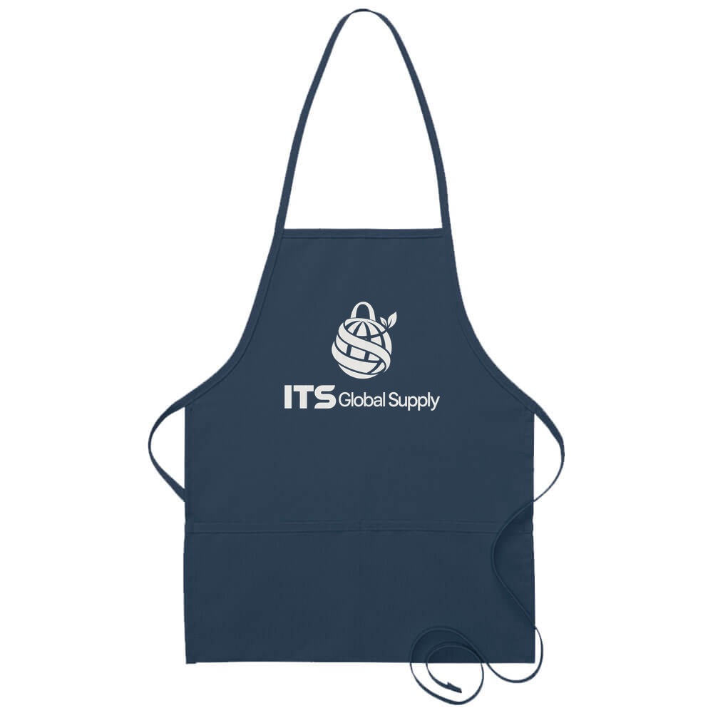 I215 navy two pocket promo bib apron printed with ITS Global Supply logo