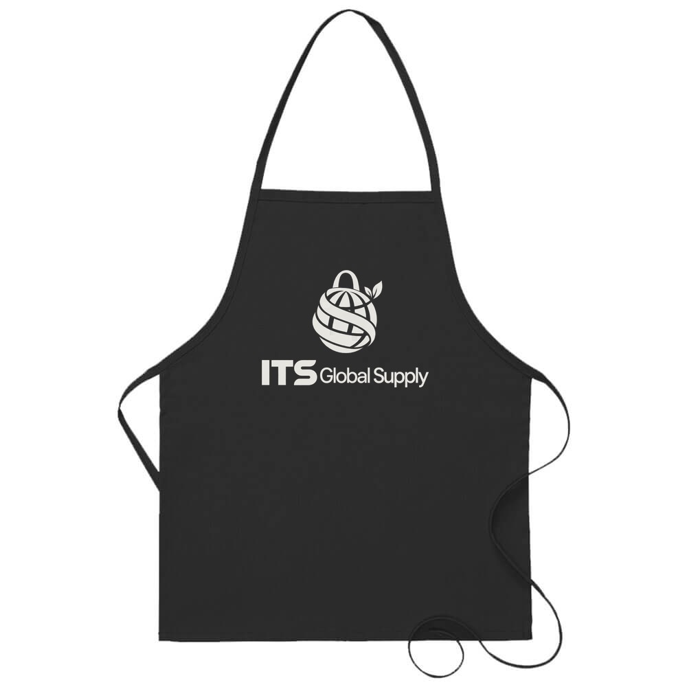 I215NP black no pocket promo bib apron printed with ITS Global Supply logo
