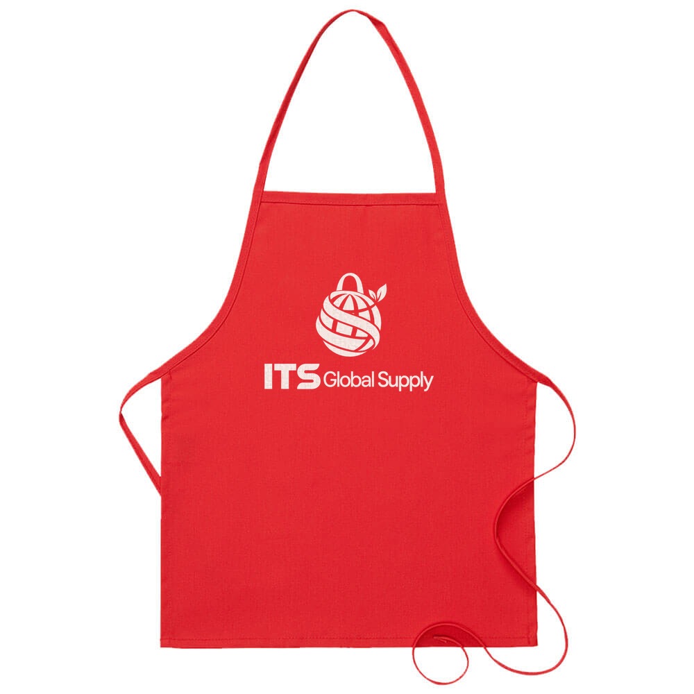 I215NP red no pocket promo bib apron printed with ITS Global Supply logo