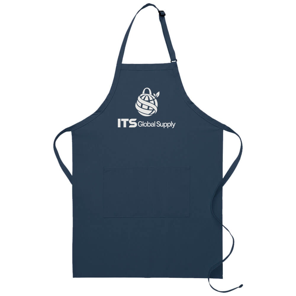 I220 navy butcher apron center divided pocket printed with ITS Global Supply logo