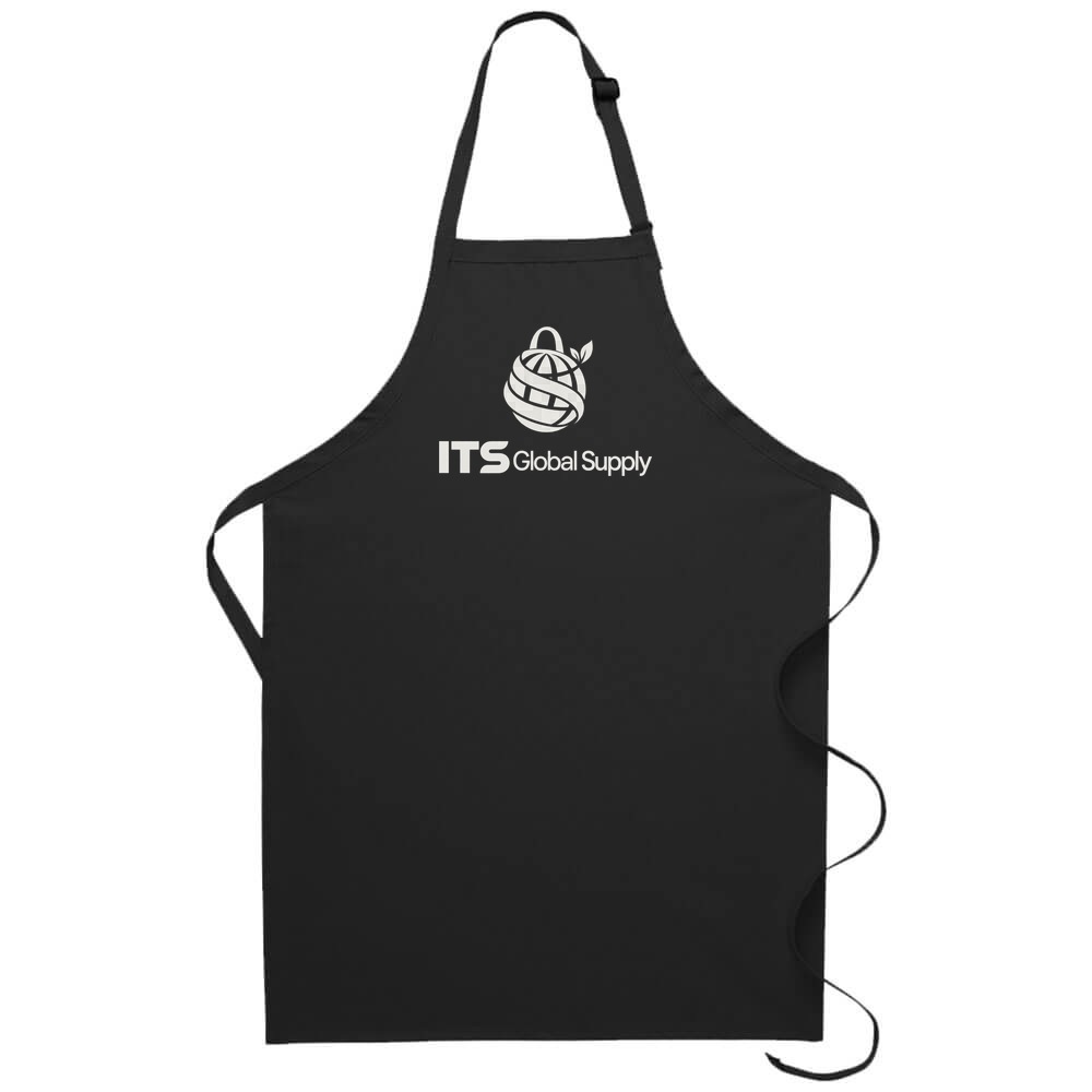 I220NP black no pocket butcher apron printed with ITS Global Supply logo