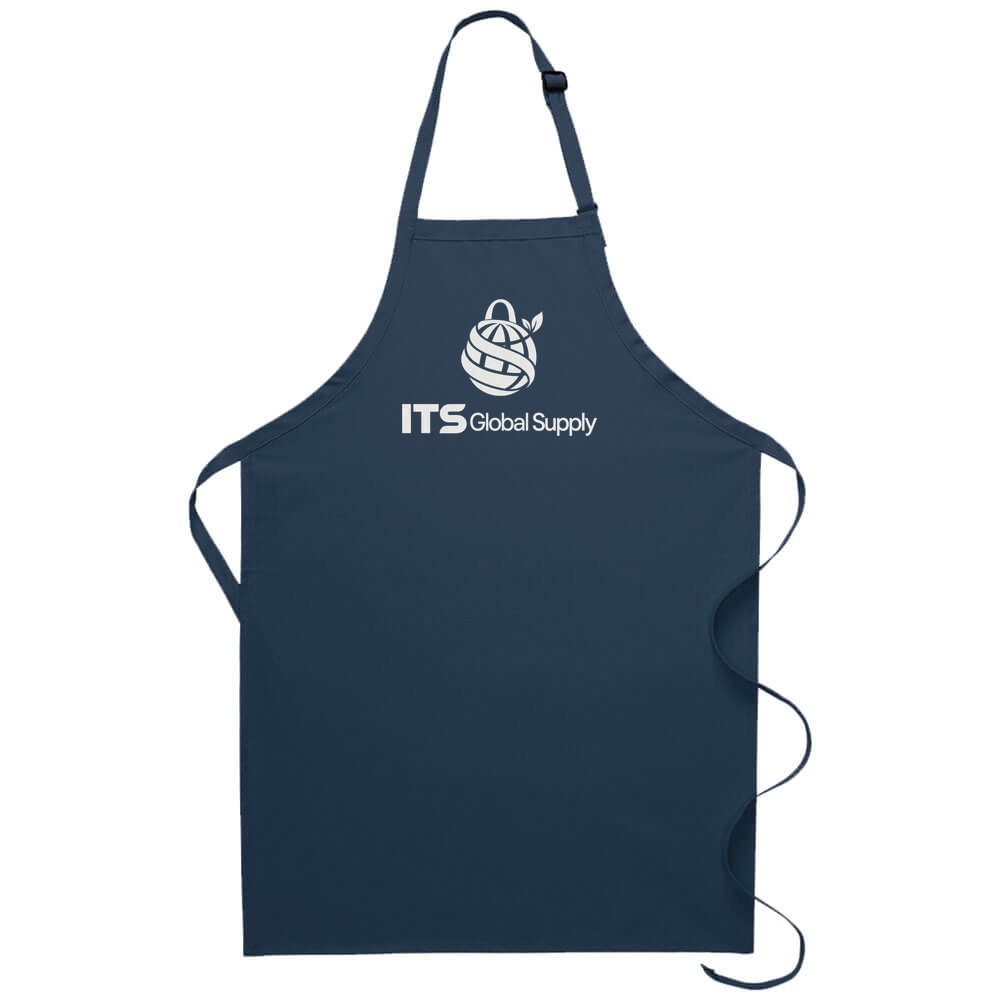 I220NP navy no pocket butcher apron printed with ITS Global Supply logo