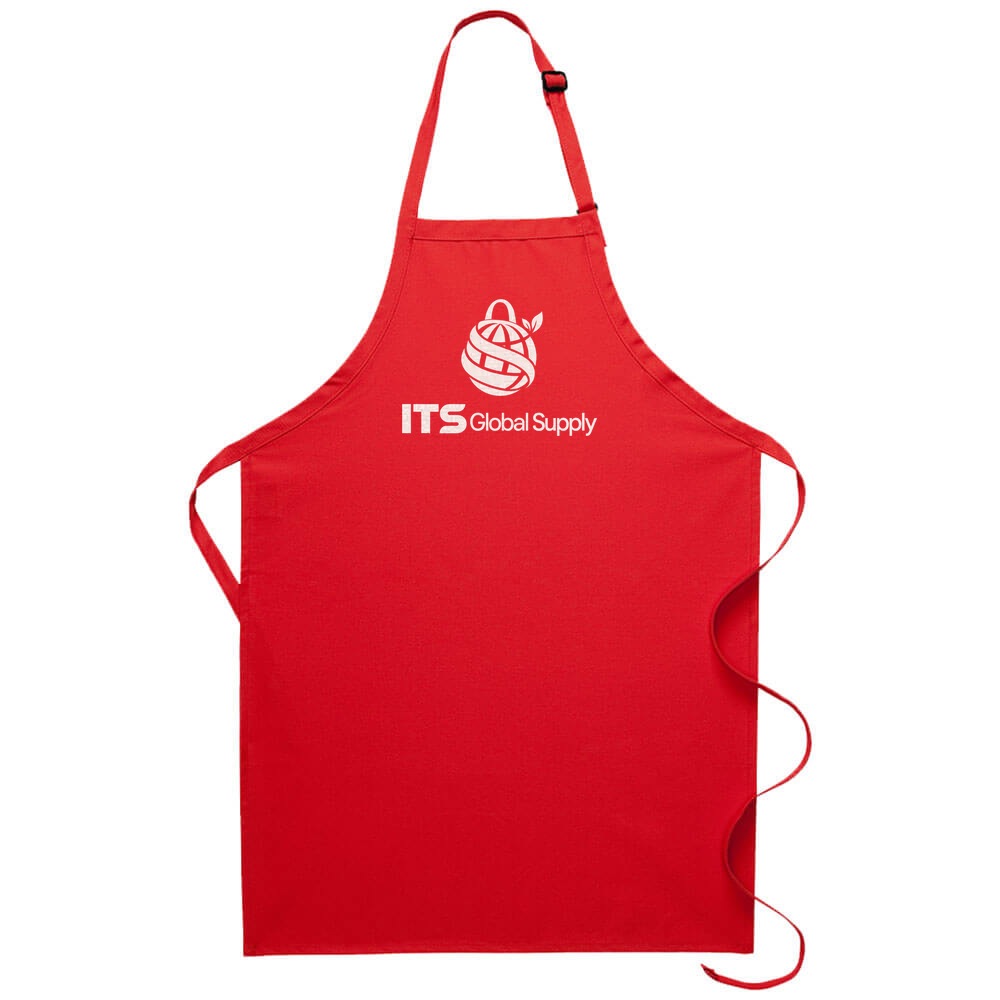 I220NP red no pocket butcher apron printed with ITS Global Supply logo