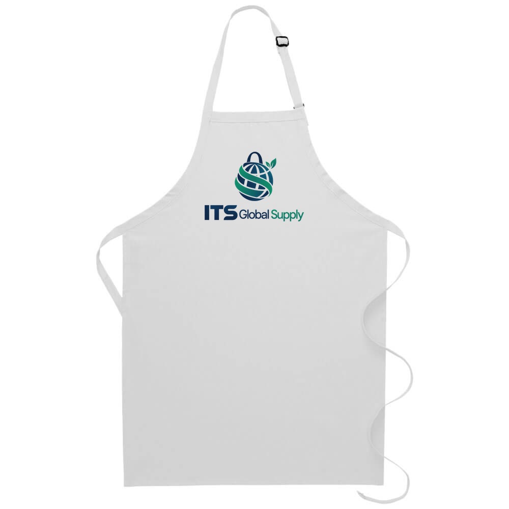 I220NP white no pocket butcher apron printed with ITS Global Supply logo