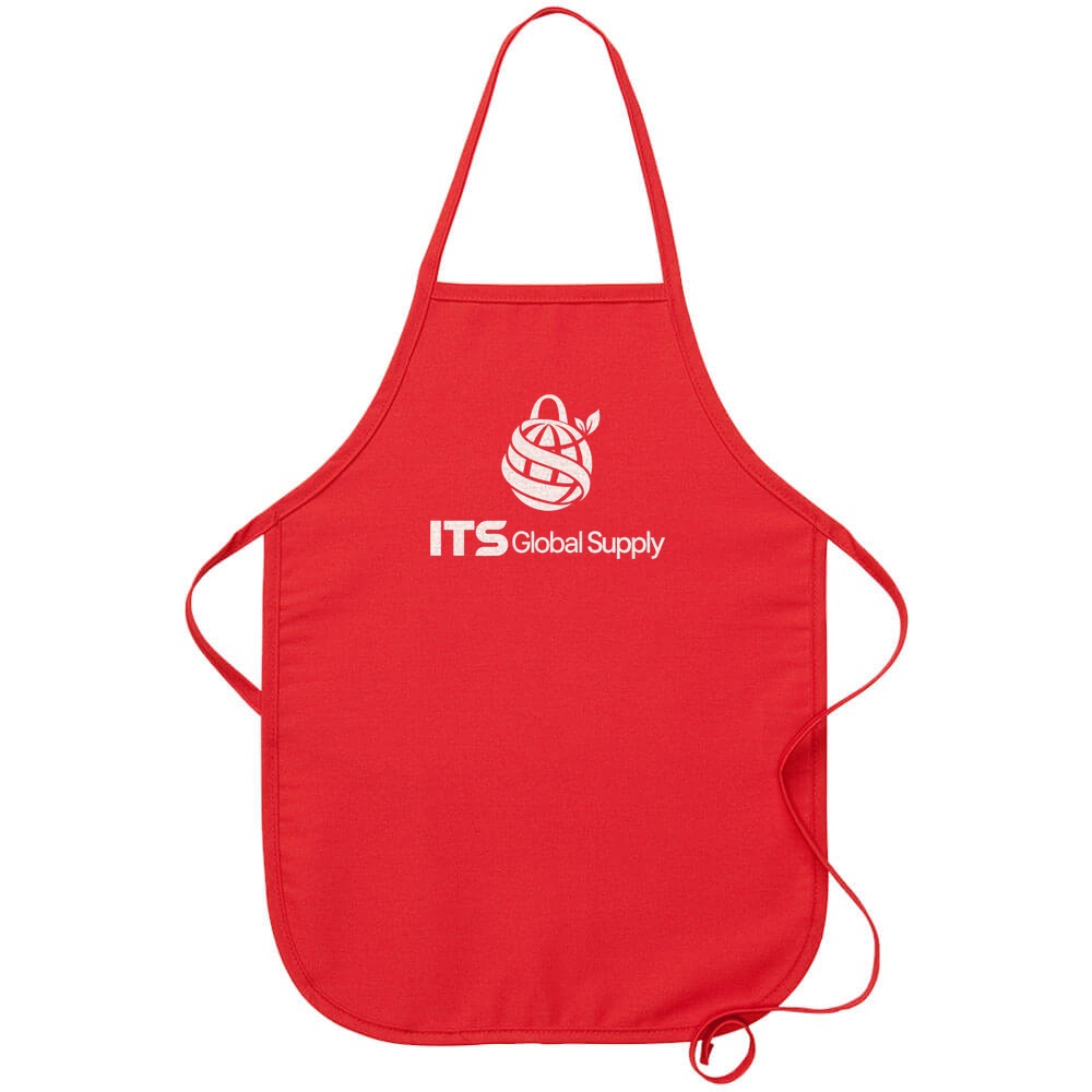 I250NP red no pocket child bib apron printed with ITS Global Supply logo