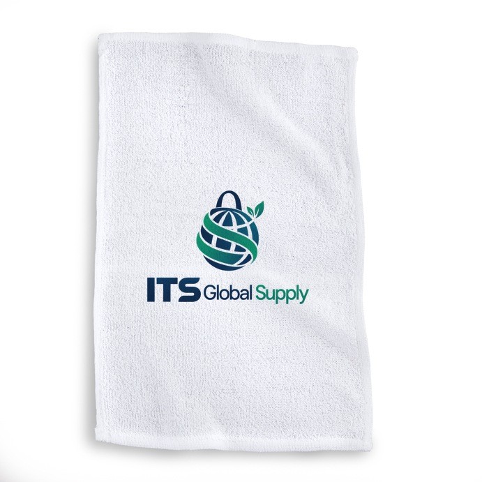 IHT100 white rally towel printed with ITS Global Supply logo