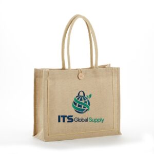IJ912 natural jute tote bag with button loop printed with ITS Global Supply logo
