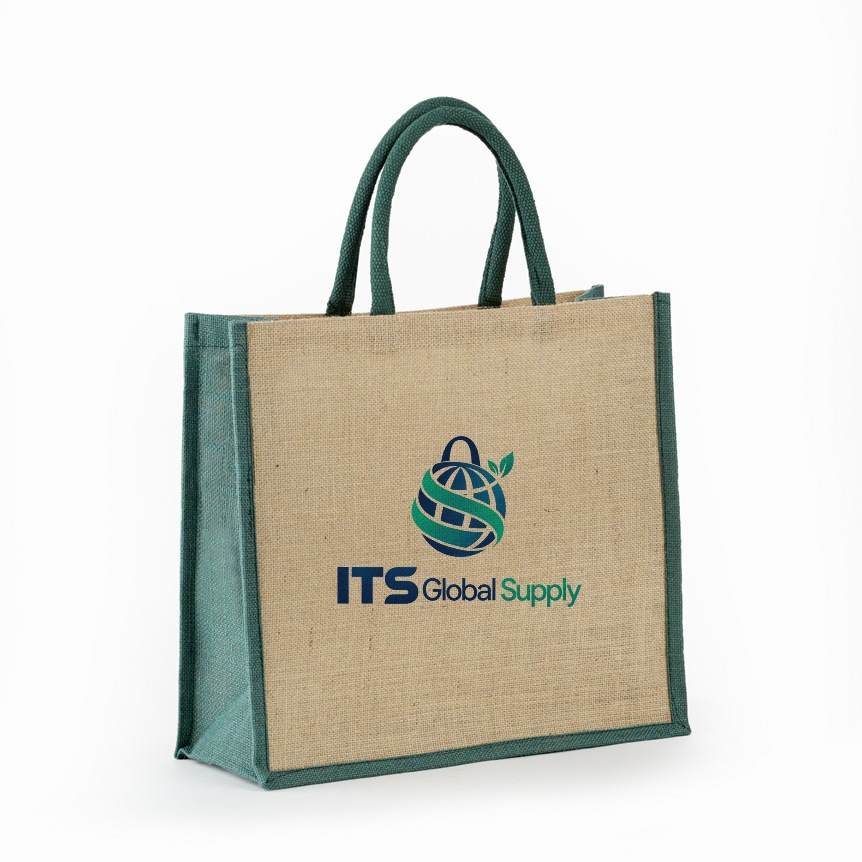 IJ913 green jute bag printed with ITS Global Supply logo