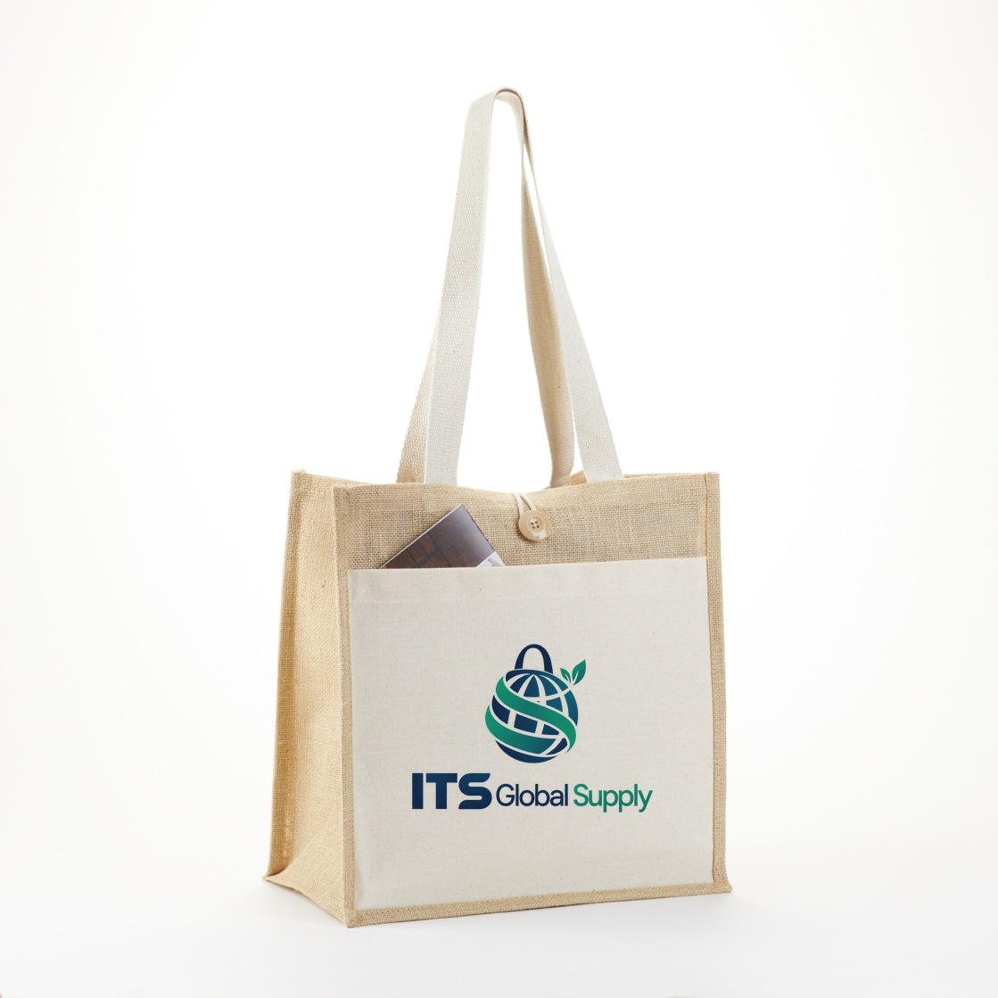 IJ920 jute tote with canvas front pocket printed with ITS Global Supply logo