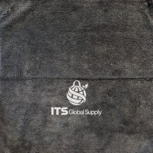 IMFT black microfiber towel 16x16 printed with ITS Global Supply logo