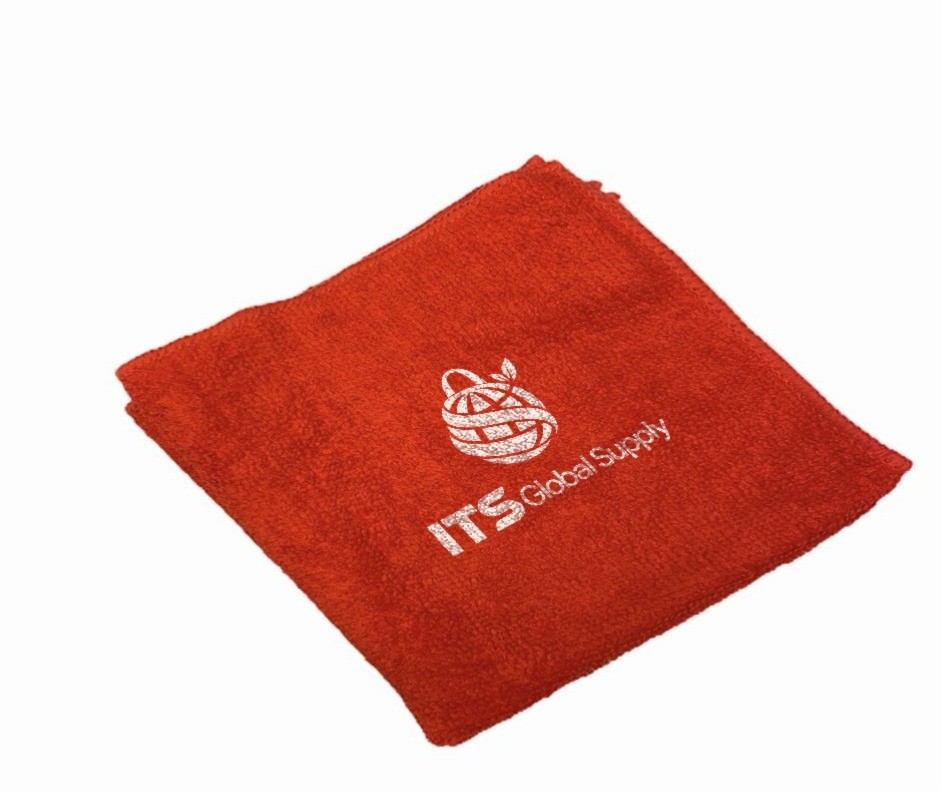 IMFT1212 red microfiber towel printed with ITS Global Supply logo