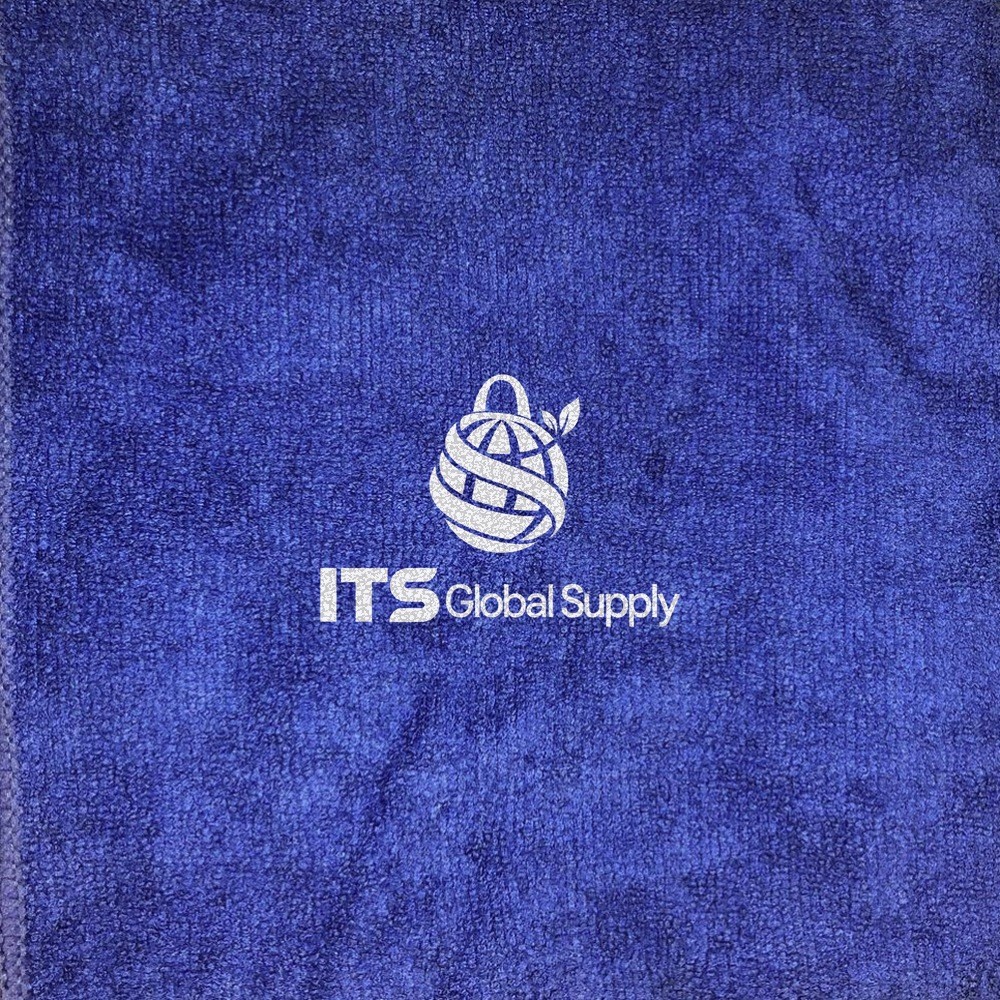 IMFT1627 blue microfiber sports towel printed with ITS Global Supply logo