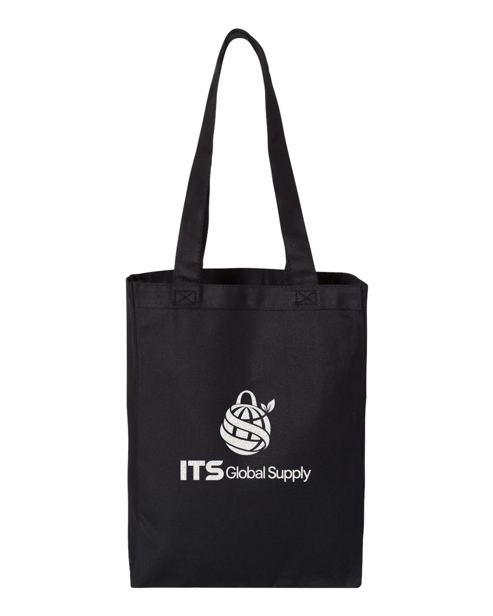 IQ1000 black cotton canvas tote bag printed with ITS Global Supply logo