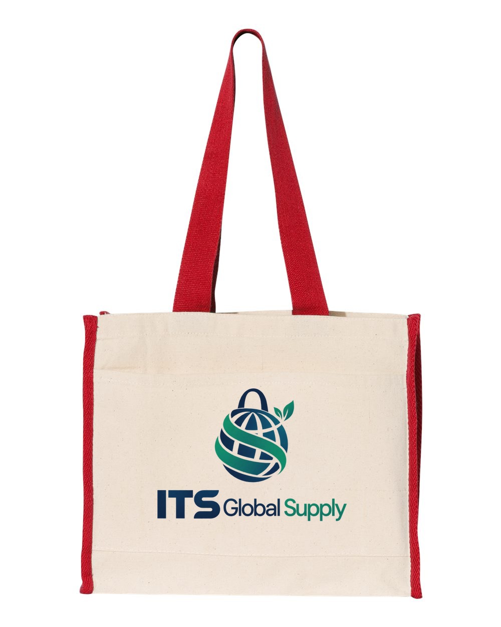 IQ1100 natural red cotton canvas tote bag printed with ITS Global Supply logo