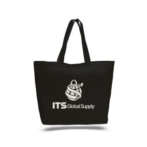 IQ1200 black cotton canvas tote bag printed with ITS Global Supply logo
