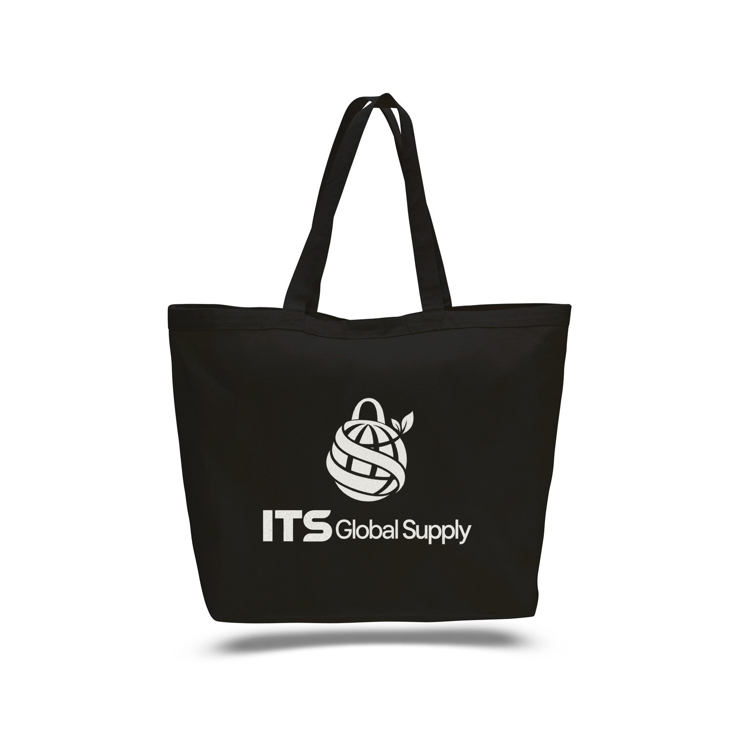 IQ1200 black cotton canvas tote bag printed with ITS Global Supply logo