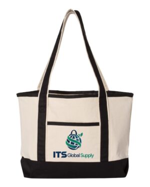 IQ125800 natural black cotton canvas tote bag printed with ITS Global Supply logo
