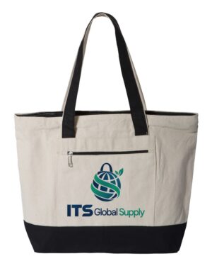 IQ1300 natural black cotton canvas tote bag printed with ITS Global Supply logo