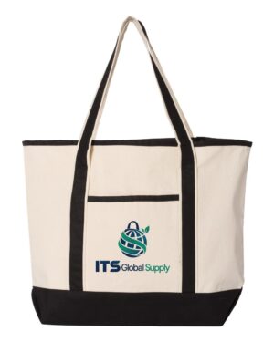 IQ1500 natural black cotton canvas tote bag printed with ITS Global Supply logo