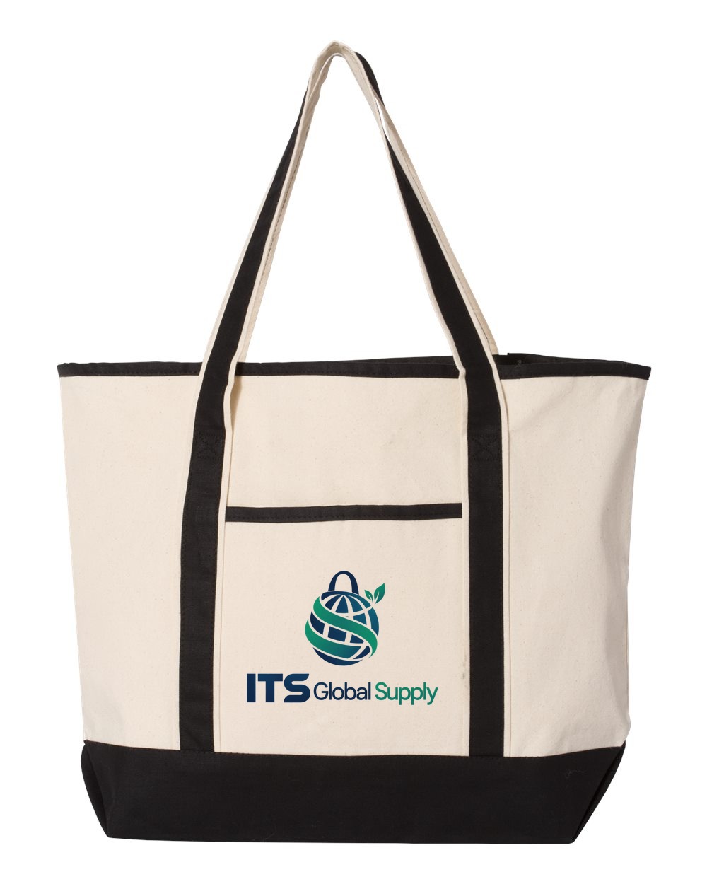 IQ1500 natural black cotton canvas tote bag printed with ITS Global Supply logo