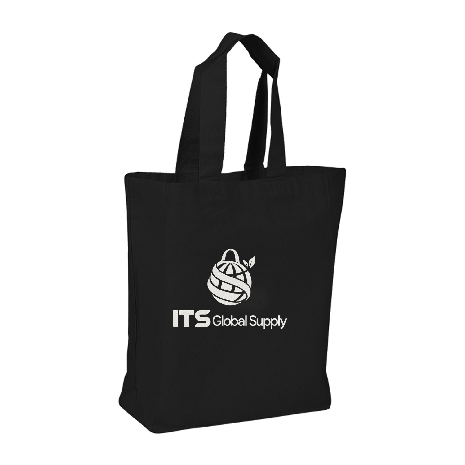 IQ1612 black cotton canvas tote bag printed with ITS Global Supply logo