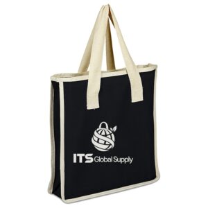 IQ1617 black cotton canvas tote bag printed with ITS Global Supply logo