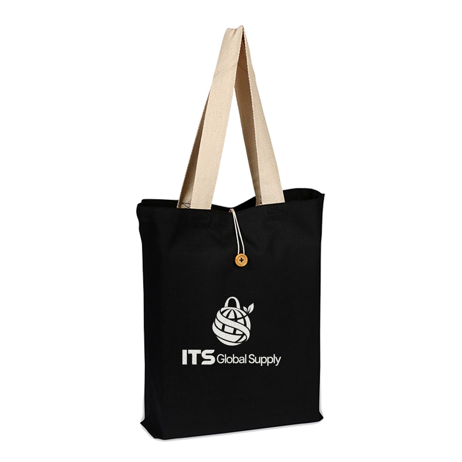 IQ1619 black cotton canvas tote bag printed with ITS Global Supply logo