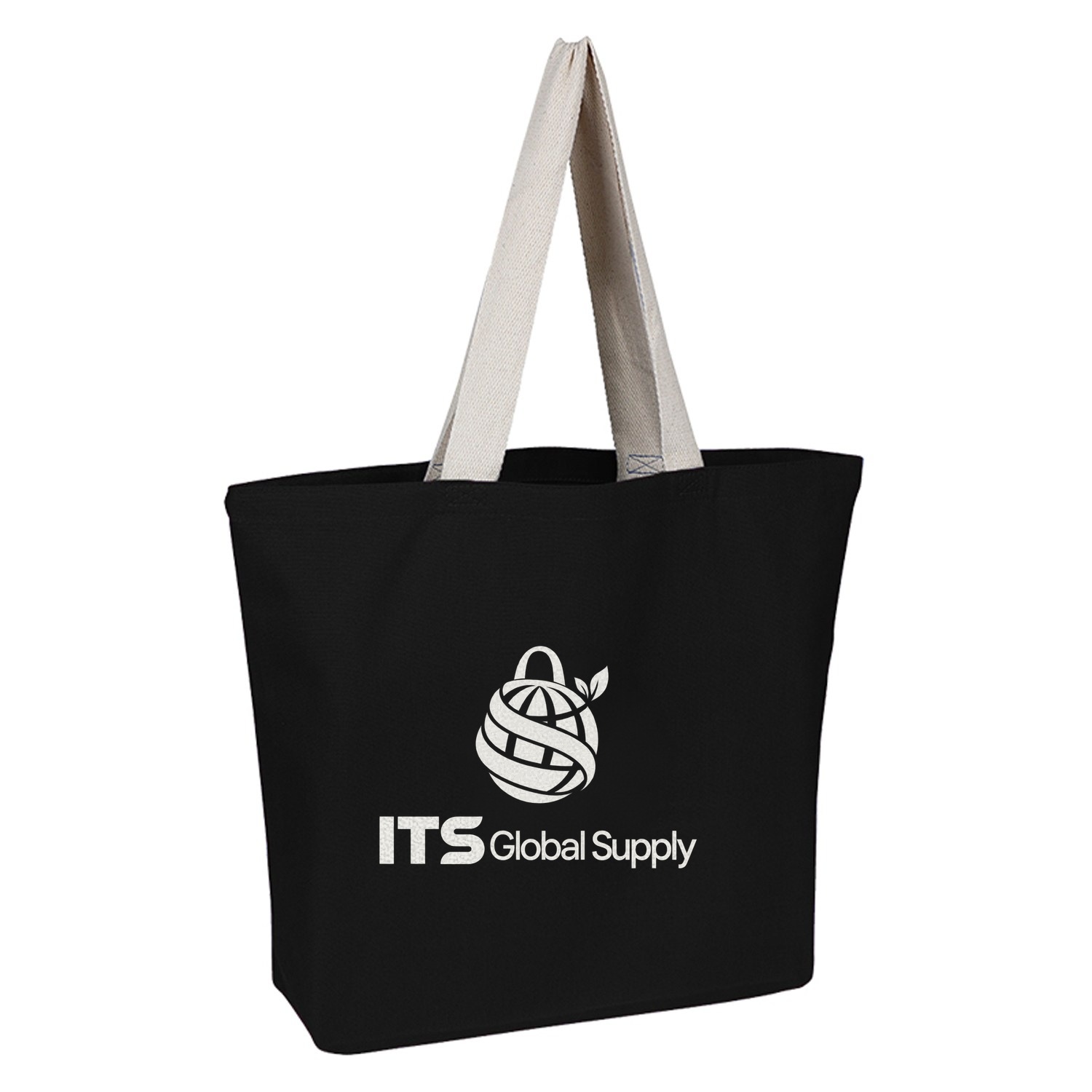 IQ1621 black cotton canvas tote bag printed with ITS Global Supply logo