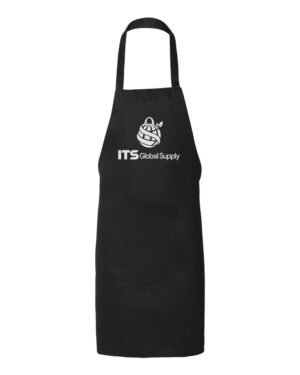 IQ2010 black full length twill apron printed with ITS Global Supply logo