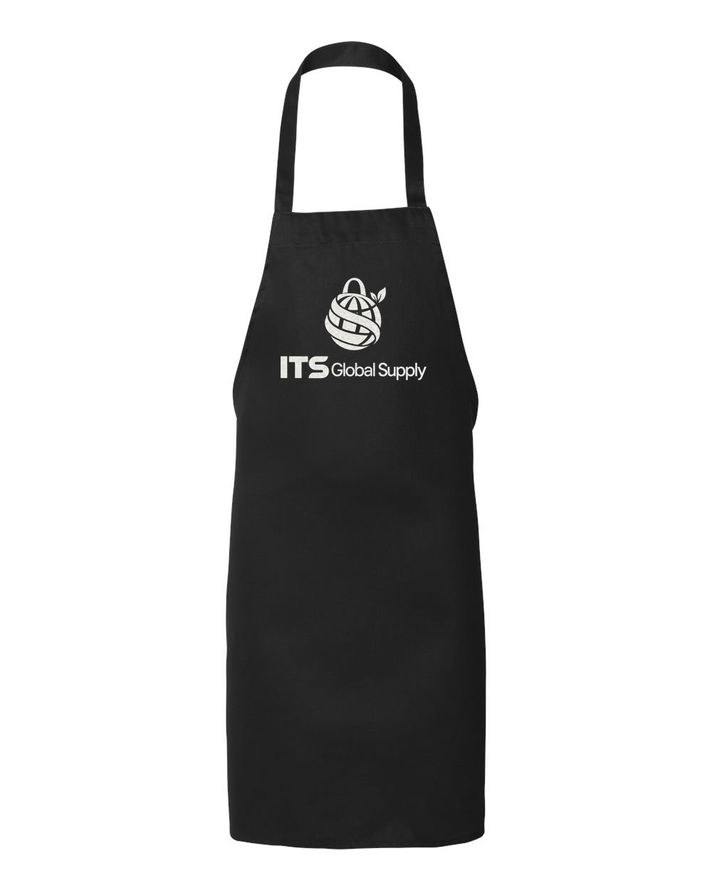 IQ2010 black full length twill apron printed with ITS Global Supply logo