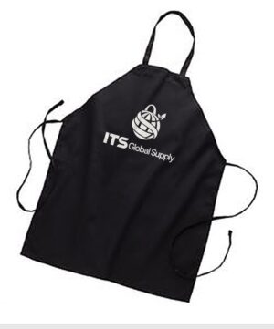 IQ3010 black no pocket bib apron printed with ITS Global Supply logo