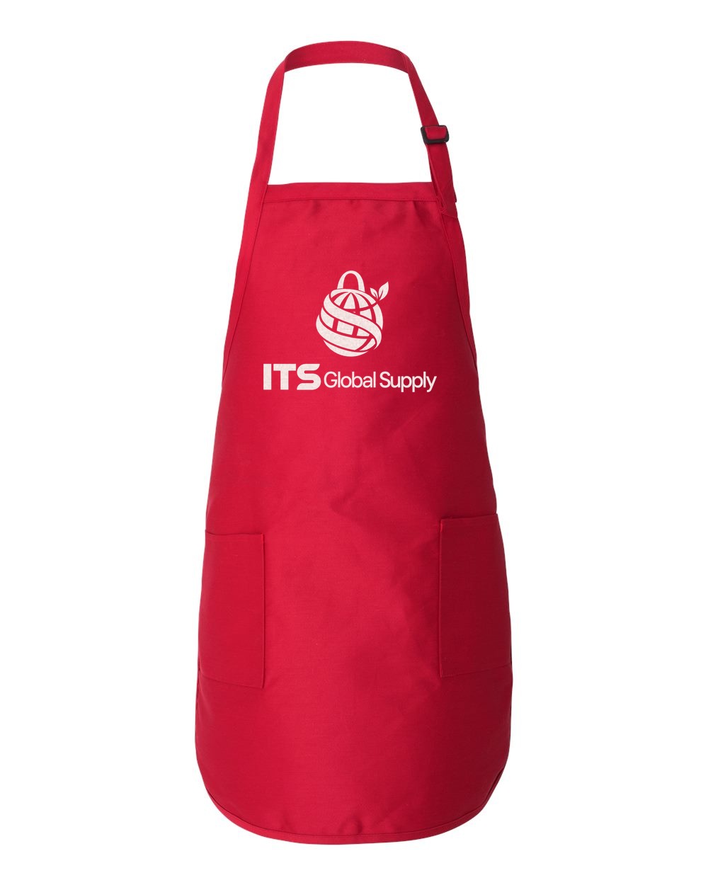 IQ4350 red full length apron printed with ITS Global Supply logo