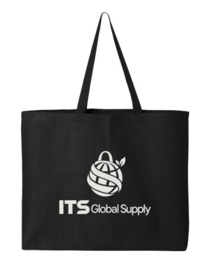 IQ600 black cotton canvas tote bag printed with ITS Global Supply logo