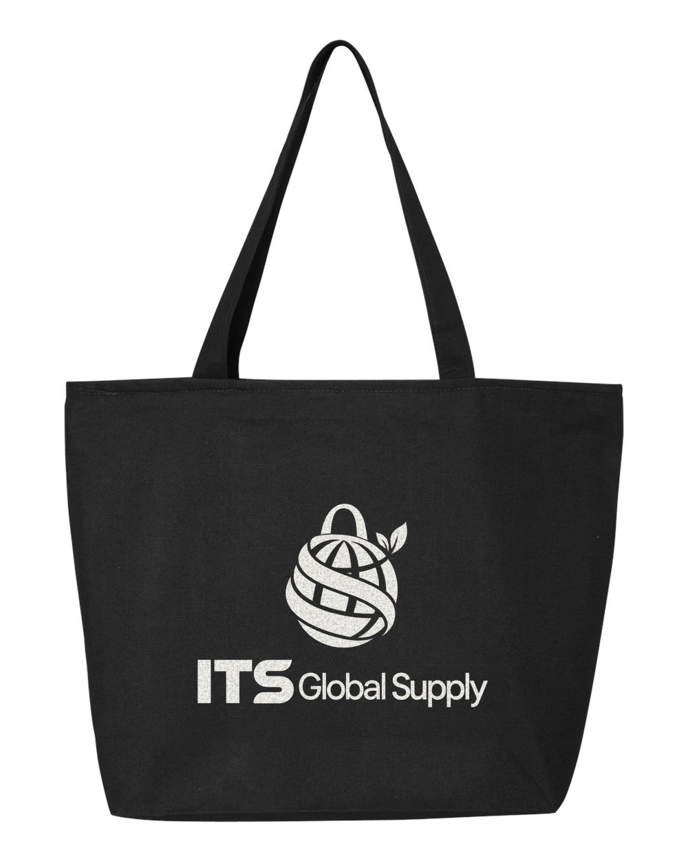 IQ611 black cotton canvas tote bag printed with ITS Global Supply logo