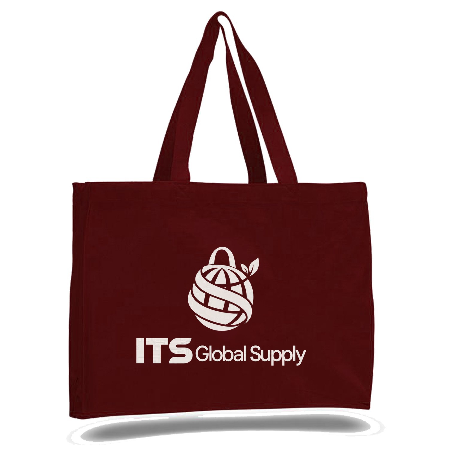 IQ750 maroon cotton canvas tote bag printed with ITS Global Supply logo