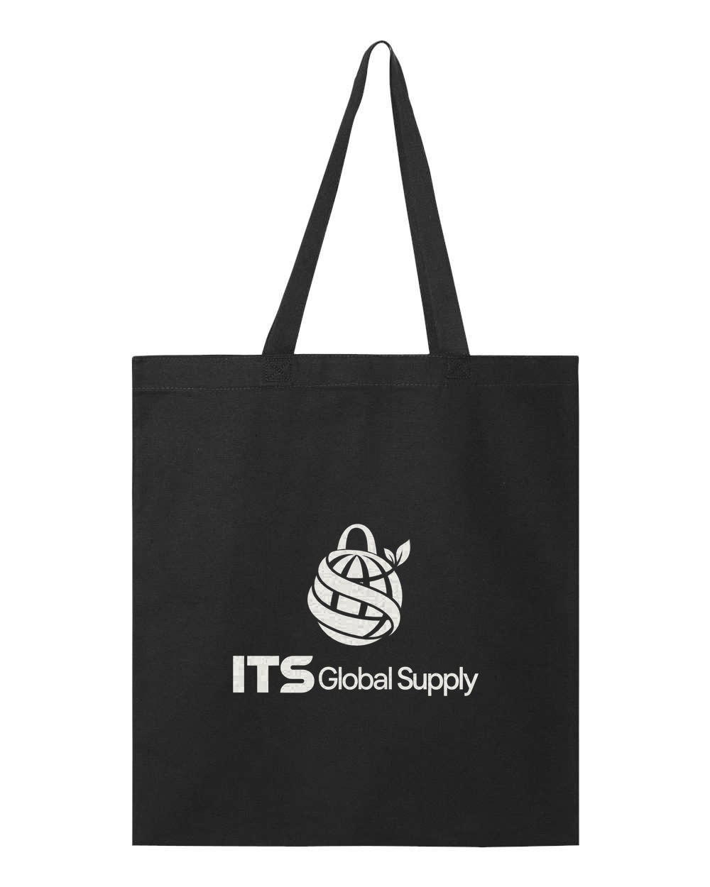 IQ800 black cotton canvas tote bag printed with ITS Global Supply logo