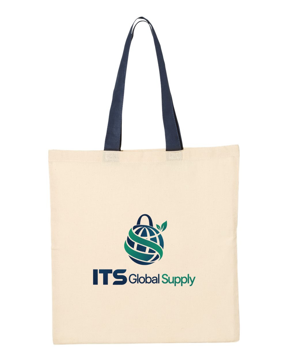 IQTB6000 natural navy cotton canvas tote bag printed with ITS Global Supply logo