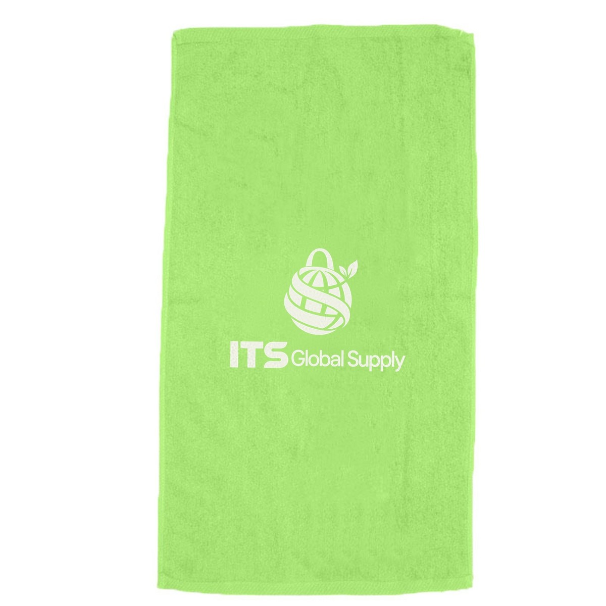 IQV3060 lime velour beach towel printed with ITS Global Supply logo